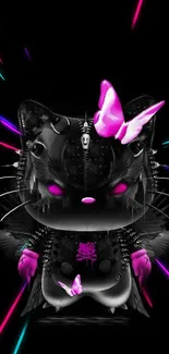 Gothic black cat with neon pink butterflies and spikes on a dark background.