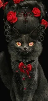 Gothic black cat with red roses and jewelry on black background.