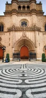 Gothic cathedral with maze pattern foreground.