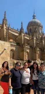 Family visiting Gothic cathedral.