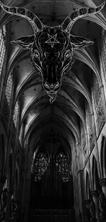Gothic cathedral interior with symbolic goat art in black and white style.