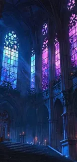 Gothic cathedral with colorful stained glass windows.