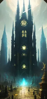 Gothic cathedral with imposing spires in a fantasy setting.