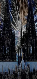 Gothic cathedral silhouette with fireworks in the night sky.