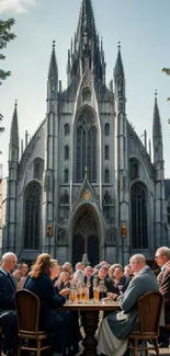 People gathered in front of a Gothic cathedral, creating a lively outdoor scene.