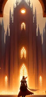 A lone figure approaches a glowing gothic cathedral at sunset.