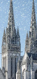 Gothic cathedral under a snow-laden sky.