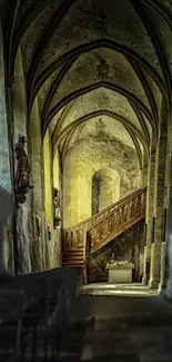 Gothic cathedral interior with wooden stairs and stone walls.