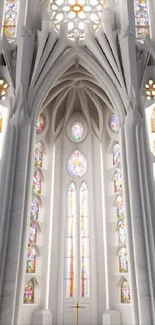 Gothic cathedral interior with stained glass windows and towering arches.