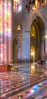 Gothic cathedral interior with colorful stained glass reflections.