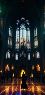 Gothic cathedral interior with stained glass windows and warm lighting.