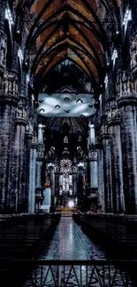 Gothic cathedral interior with vaulted ceilings and stone pillars.