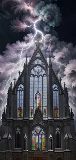 Gothic cathedral with lightning and swirling clouds at night.