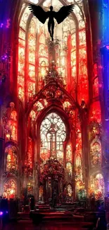 Gothic cathedral with red stained glass and angel silhouette, mobile wallpaper.