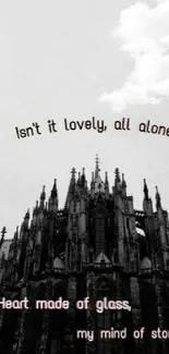 Monochrome Gothic cathedral wallpaper with elegant silhouette and text.