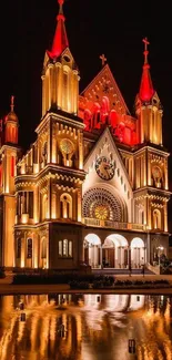 Gothic cathedral illuminated at night with reflections in the foreground.