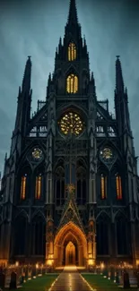 Majestic Gothic cathedral under a dramatic sky at night.