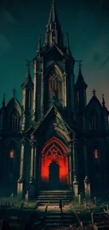 Gothic cathedral under dramatic night sky with glowing red accents.