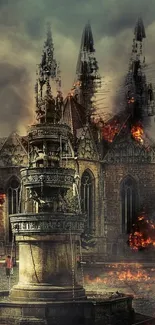 Gothic cathedral engulfed in flames with dark, dramatic atmosphere.