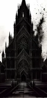 Dark Gothic cathedral with birds in monochrome style.