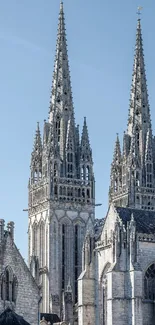 Gothic cathedral with towering spires against a clear blue sky.