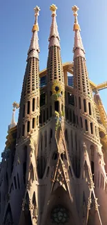 Gothic cathedral under blue sky with ornate towers, detailed architecture.