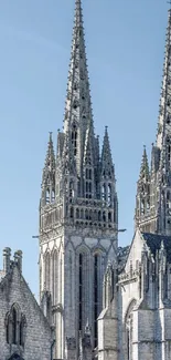 Gothic cathedral spires under a sky blue backdrop.