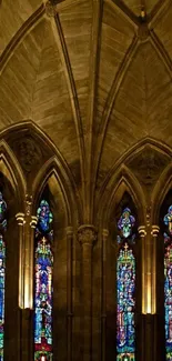 Gothic cathedral interior with vibrant stained glass windows.