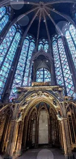 Gothic cathedral with stained glass windows and ornate arches.