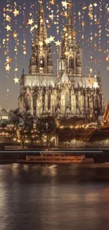 Gothic cathedral under a starry night sky on a river.