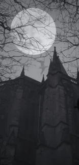 Gothic cathedral silhouette under a full moon.