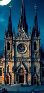 Gothic cathedral under a bright moonlit sky.
