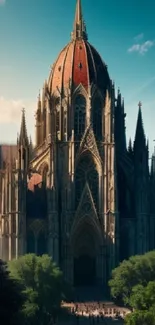 Gothic cathedral with blue sky background, intricate details and majestic architecture.