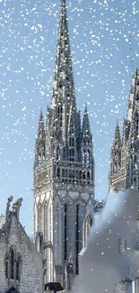 Snow gently falls on a grand Gothic cathedral.