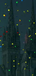 Gothic cathedral with colorful confetti falling.