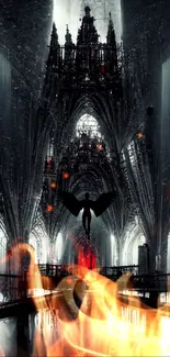 Gothic cathedral with silhouette and flames.