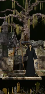 Gothic cemetery with hooded figure in dark, eerie landscape wallpaper.