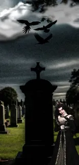 Gothic night cemetery with crows and moonlit sky.