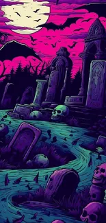 Gothic cemetery nightscape with tombstones and eerie colors.