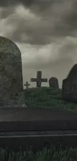 Gothic cemetery scene with gravestones under a cloudy sky.