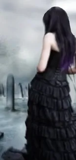 Gothic figure in a misty cemetery with dark, atmospheric tones.