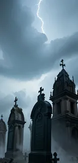 Gothic cemetery with dark tombstones under a stormy sky with lightning.