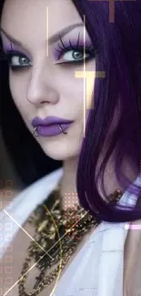 Gothic girl with purple hair and elegant makeup in a mobile wallpaper.