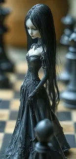 Gothic figure on a chessboard with dark ambiance.