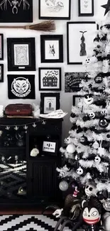 Gothic Christmas tree with monochrome decorations and artwork.