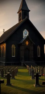 Gothic church under a golden sunset with silhouettes in foreground.