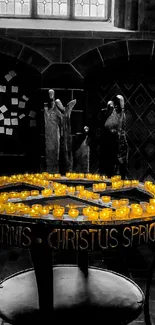 Candles illuminating a gothic church interior.