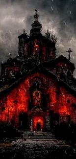 Haunting gothic church under stormy skies with red illumination.