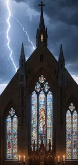 Gothic church with lightning and stained glass windows.