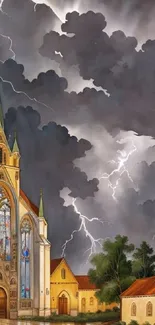 Gothic church under stormy sky with lightning in artwork wallpaper.